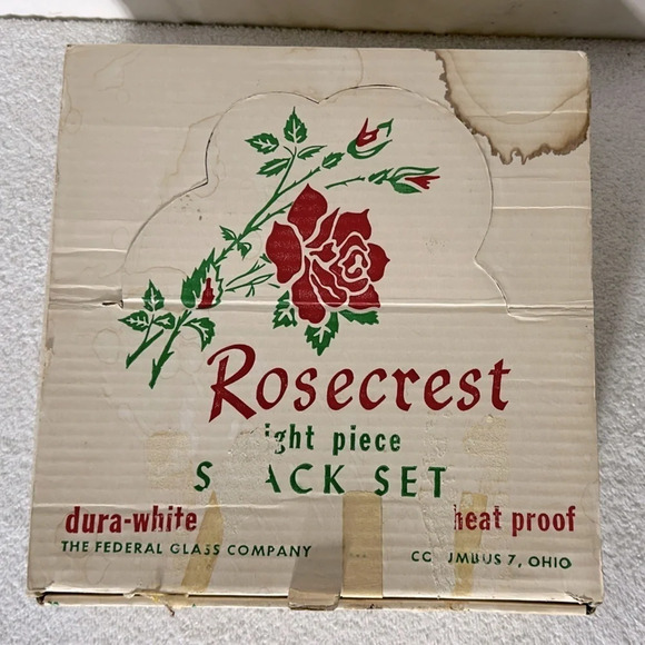 Vintage Rosecrest 8 Piece Snack Tea Set Dura White Floral Red Rose Federal Glass - Picture 16 of 16